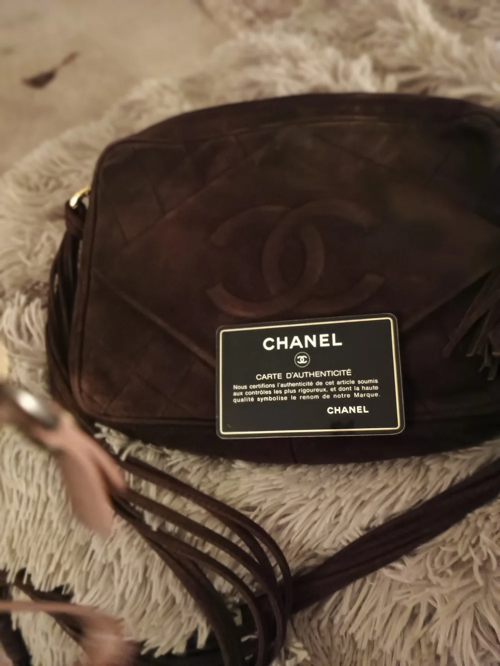CHANEL Dark Brown Suede Quilted Crossbody with Tassel and Gold Charm - Picture 9 of 9